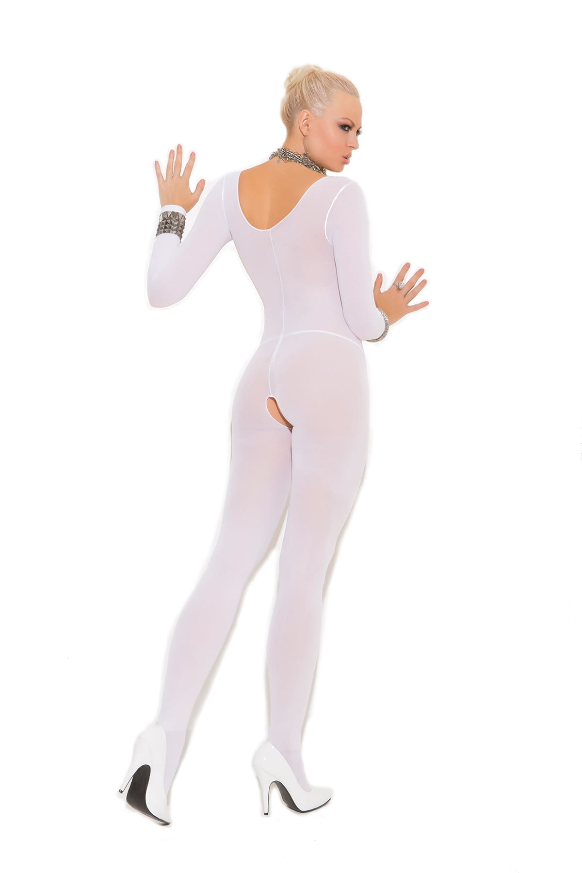 Sensual Moments Noir Opaque Bodystocking in White, back view