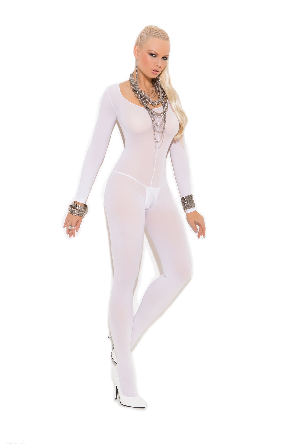 Sensual Moments Noir Opaque Bodystocking in White, front view