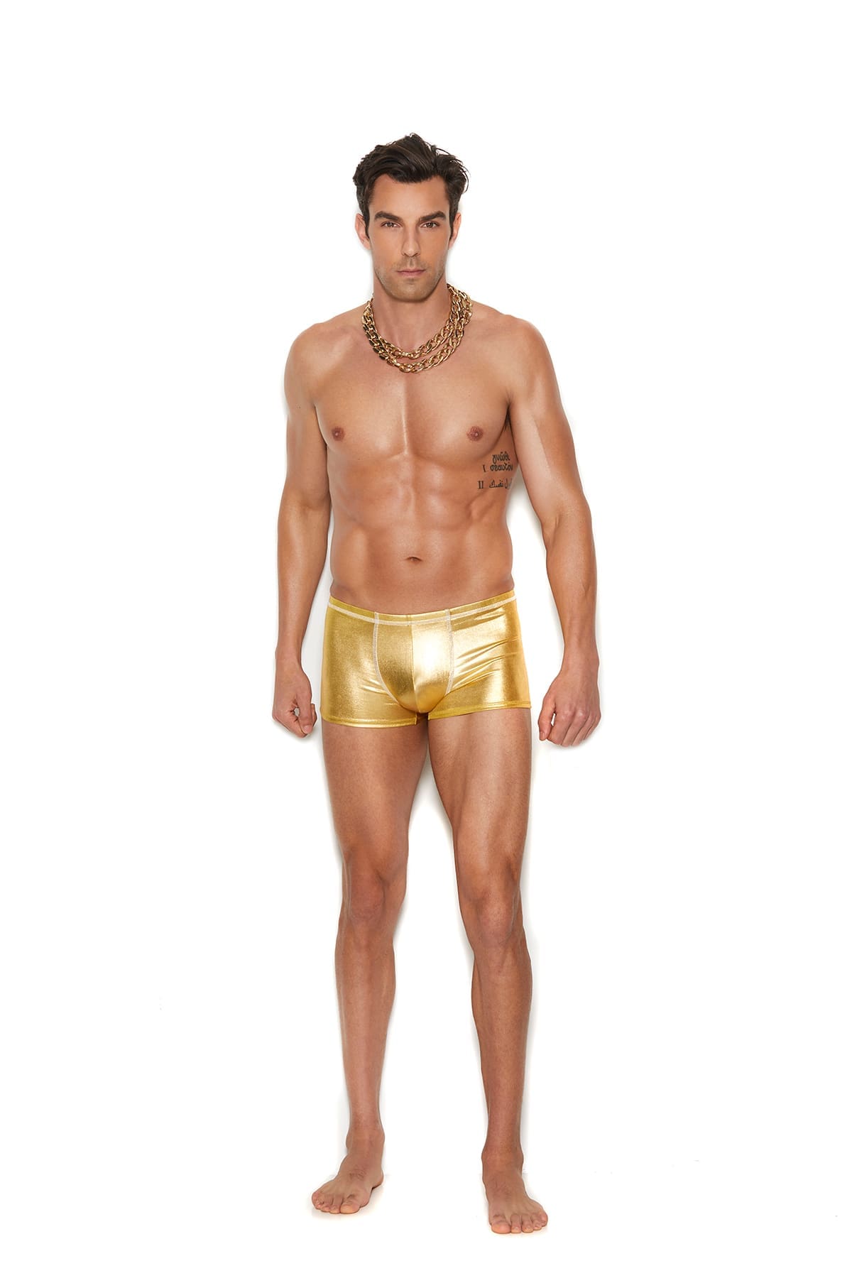 Sensual Moments Gilded Lamé Boxer Brief in Gold, front view