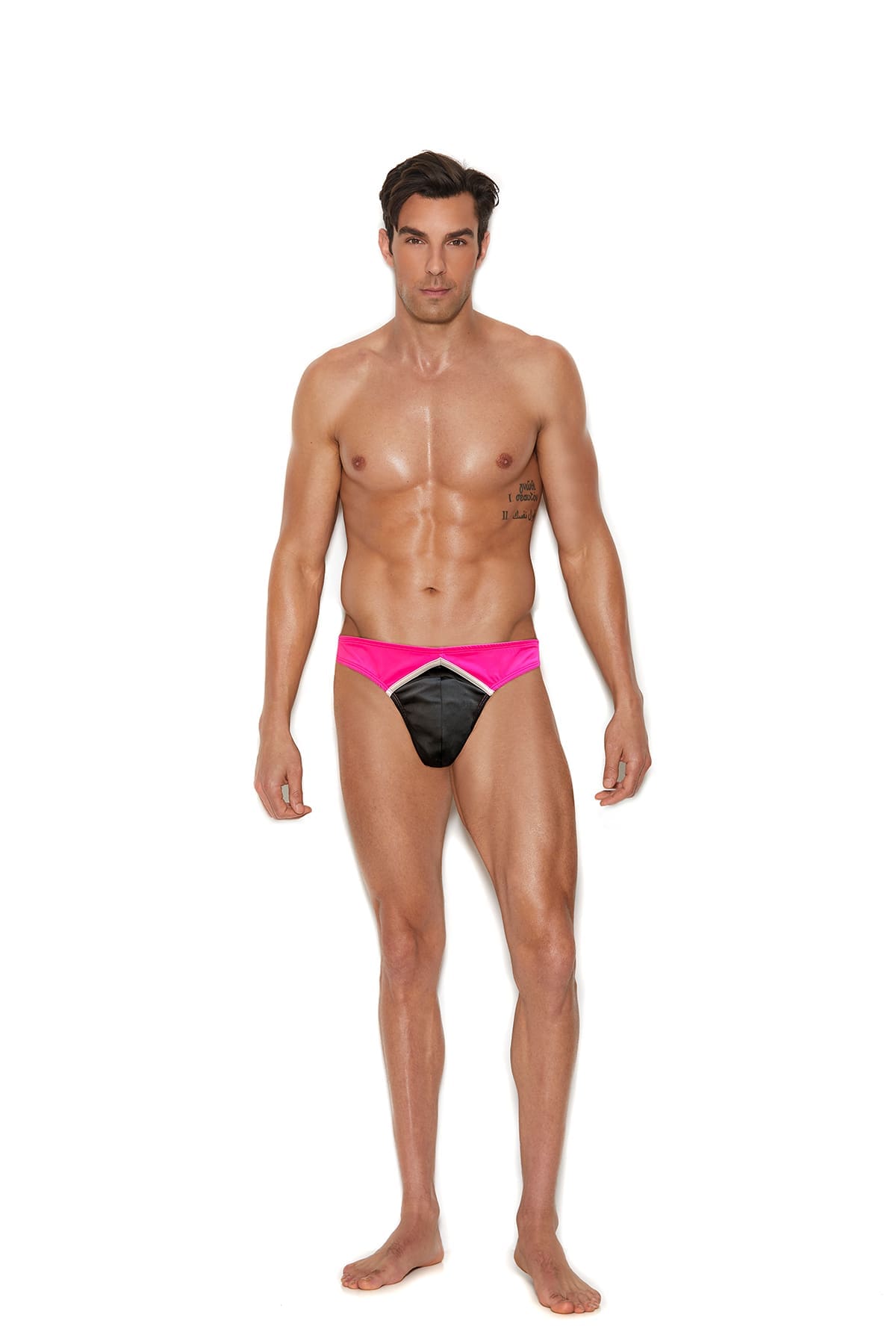 Sensual Moments Duo Tone Lycra Thong in Black/Neon Pink, front view